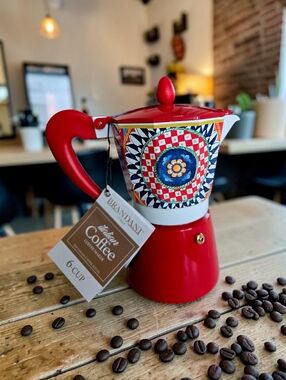 NEW Brandani 6 Cup Italian Coffee Maker Aluminum Moka Pot Sicilian Pattern Red